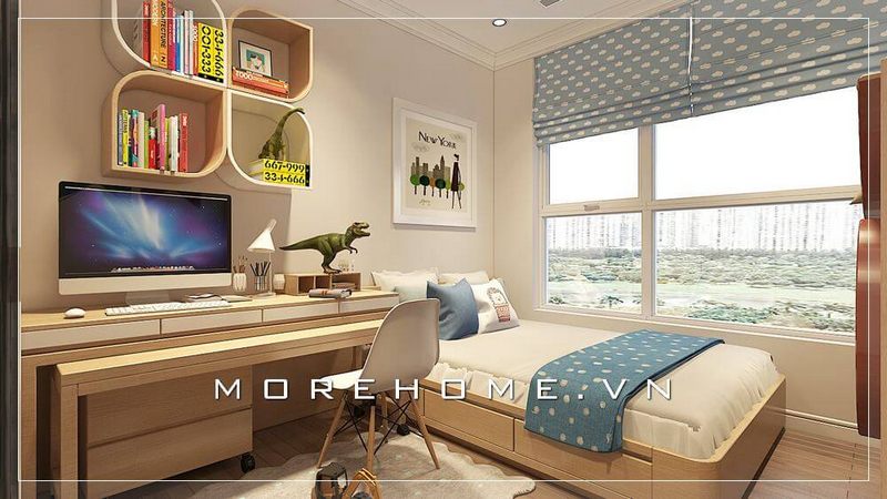Thiết kế giường ngủ con trai hiện đại, liền kề là bàn học cùng chất liệu mang đến sự đồng bộ cũng như thuận tiện nhất cho con trong quá trình nghỉ ngơi và học tập